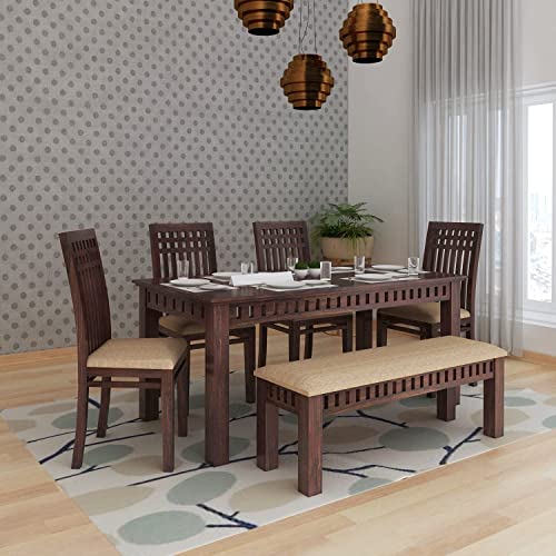 Image of SHRI MINTU'S ART Solid Sheesham Wood Dining Table 6 Seater | Six Seater Dinning Table with 4 Chairs & 1 Bench for Home | Dining Room Sets for Kitchen & Restaurants | Chairs with Cushion | Walnut Brown