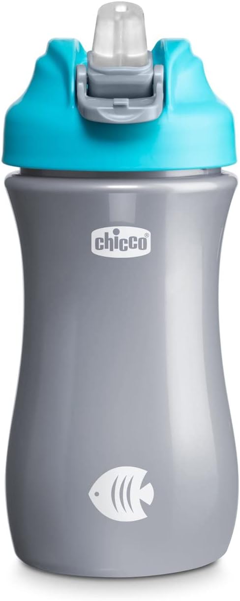 Chicco Pop Up Cup, Leakproof Glass for Kids, Convenient Opening, Silicone Spout, Airtight Seal, Easy to Carry, Glass for Kids 2 Years, Capacity 350ml, Light Blue