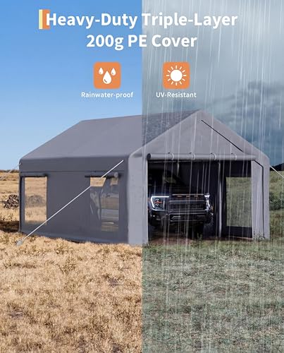 Image of GarveeLife 10x20 ft Portable Garage, Car Port with 200 g PE Tarp Cover, with Front & Rear Roll-Up Doors and 4 Windows, for Temporary Paint Booth, Boats&Pickups Shed, and Event Shelter, Gray