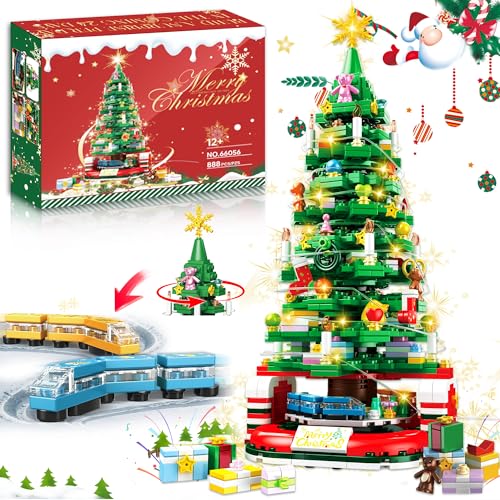 Christmas Tree Building Set for Kids, Christmas Tree 2024 Collectible Holiday Building Block Home Decor with Light, Tabletop for Boys, Girls and Adults, 888Pcs, Deep Green