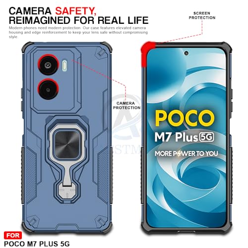 Image of AESTMO Armor Back Cover for Poco M7 Plus 5G | Ring Holder & Kickstand & Camera Protection in-Built | 360 Degree Protection Back Case Cover (Blue)