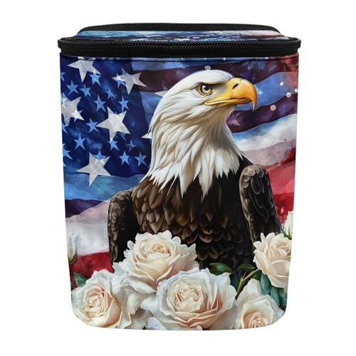 Image of Talayituse Eagle Rose American Flag Print Car Trash Can Portable Auto Garbage Bin Paint Splatter Multifunctional Vehicle Interior Accessories with Adjustable Straps Universal Fit Truck SUV Sedan