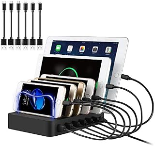 PRITEK Smart IC USB Charging Station with USB Cables for Cellphone Tablet Earphone MP4 and other USB Enabled Gadget 6 Ports Multi Devices USB Charger Station Phone Docking Station Organizer (Black)