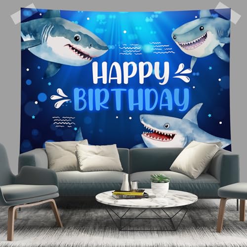 Rsuuinu Shark Birthday Backdrop for Boys Kids Under The Sea Photography Background Shark Theme Happy Birthday Party Decoration Supplies Cake Table Banner Photobooth Studio Props 7x5ft by Rsuuinu - Used condition - Image 3