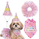 Dog Birthday Bandana with Hat and Dress Girl Set Puppy Birthday Party Supplies Cute Tutu Skirt Outfit for Small Medium Large Dogs Decorations(Pink)