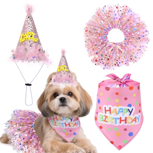 Disfraz de cumpleaños para perro con gorro y vestido rosa