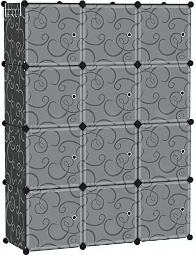 C&AHOME Cube Storage Organizer with Doors, 12-Cube Shelves, Closet Cabinet, DIY Plastic Modular Bookshelf Ideal for Bedroom, Living Room, 36.6”L x 12.4”W x 48.4”H Black USHS3012B-DOOR