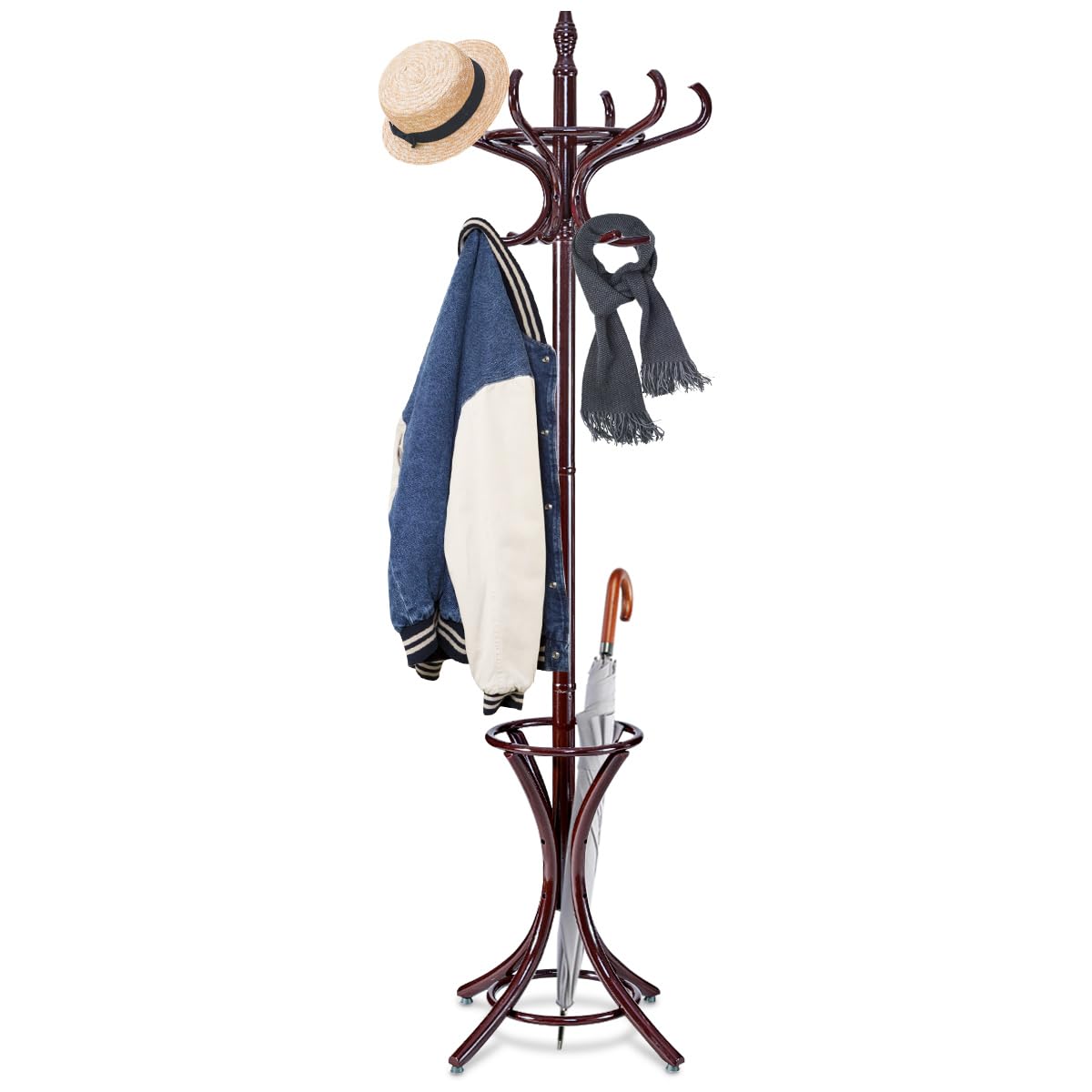 HOMASIS Attaccapanni da Terra, Appendi Abiti, Appendiabiti in Legno Massiccio con 12 Ganci, Mobile per Abiti, Cappelli, Stand Appendiabiti per Corridoio, Ingresso, Ufficio, 51 x 184 cm (Marrone)