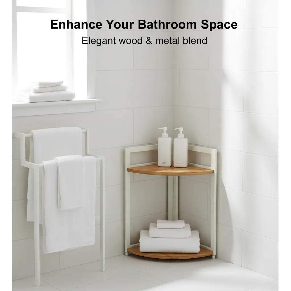 XZ-22122 Estante de Esquina de 2 Niveles con Marco de Metal Blanco y Baldas de Madera, Repisa Curva para Cocina, Estudio, Baño y Salón, Solución de Almacenaje para Rincones