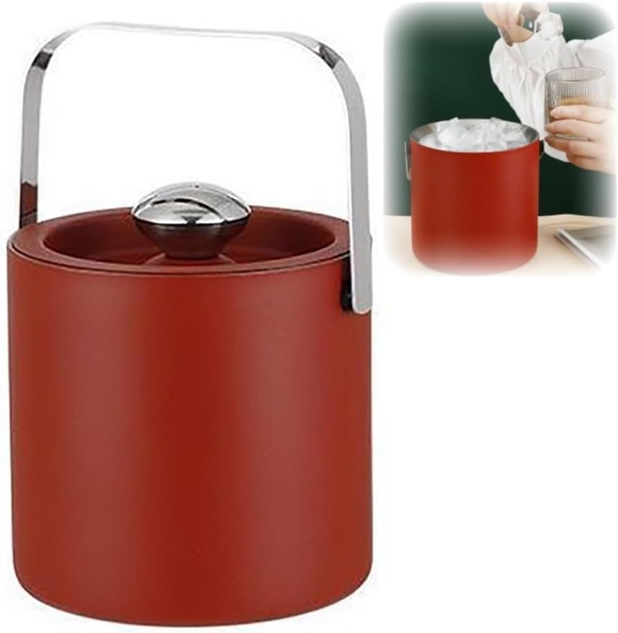 1.6 3L 二重層ステンレススチール製アイスバケツ 氷を長持ちさせる 密閉蓋とトングとストレーナー付き バー用アイスタブ(Red,