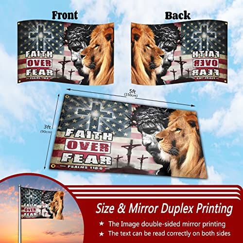 Faith Over Fear Jesus Easter Flag 3X5 Ft Outdoor Christ Judas Cross Lion American Flag Christian Banner Double Sided Mirror Printing Polyester For Outdoor House Yard Decor Unique Holiday Gift Patriotic Banner #TOP2