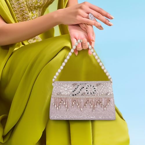 Image of Nevis Women's Embellished Clutch with Pearl Handle | Fancy Designe & Wedding Potli Bag for Festive & Evening