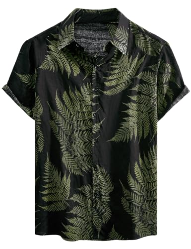 Voqeen Camisas Hawaianas para Hombre, Camisa de Algodón de Manga Corta con Botón Camisetas Informales de Verano con Flores Florales de Aloha para Vacaciones en La Playa Corte Regular