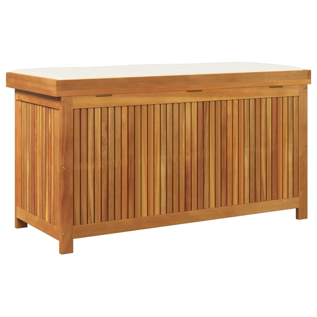 Scatola per cuscini esterni in acacia massiccia, 113 x 50 x 60,5 cm | Stoccaggio da giardino, borsa impermeabile integrata, doghe aperte, coperchio antipolvere