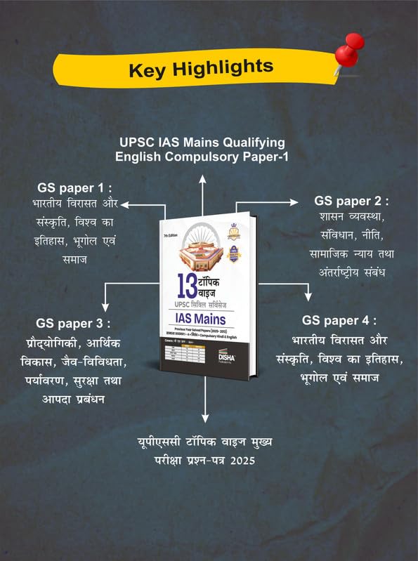 Image of Disha 13 Topic-wise UPSC Civil Services IAS Mains Previous Year Solved Papers (2025 - 2015) for Samanya Adhyayan 1 - 4, Nibandh, Compulsory Hindi & English 7th Edn | PYQs Question Bank | For 2026 Exam