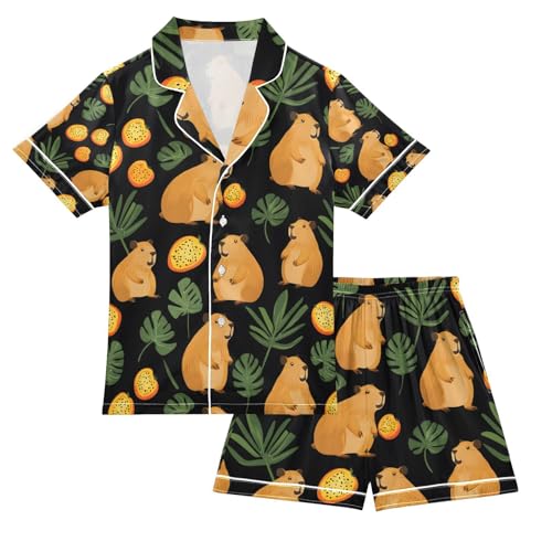 senya Capybara Tropical Fruits A Satin Summer Pajama Sets Silk Short Sleeve Button Down Sleepwear