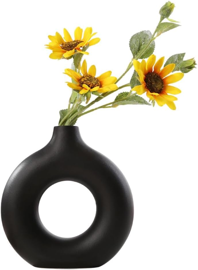 Image of White Donut Vase Hollow Ceramic Vase for Flowers Handmade Minimalist Style Modern Home Decor Round Shape Table Party Living Room Office Bedroom (Black Large)