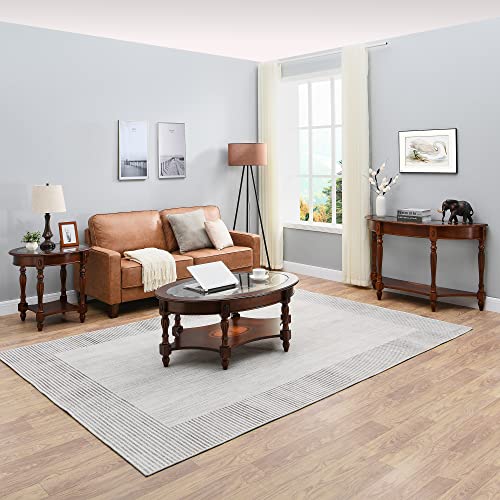 Moderion Traditional Solid Wood Coffee Table With Tempered Glass Top,Oval Cocktail Table With Storage Shelf For Living Room,Office Walnut #TOP4