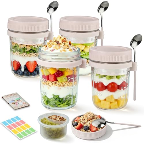 Image of 4 Pack Overnight Oats Containers with Lids and Spoons - 16 oz Glass Mason Jars with Dressing Cup, Over Night Oat Jars for Meal Prep, Yogurt Parfait Cup for Chiaseed Sugar Packet Holders (Beige)