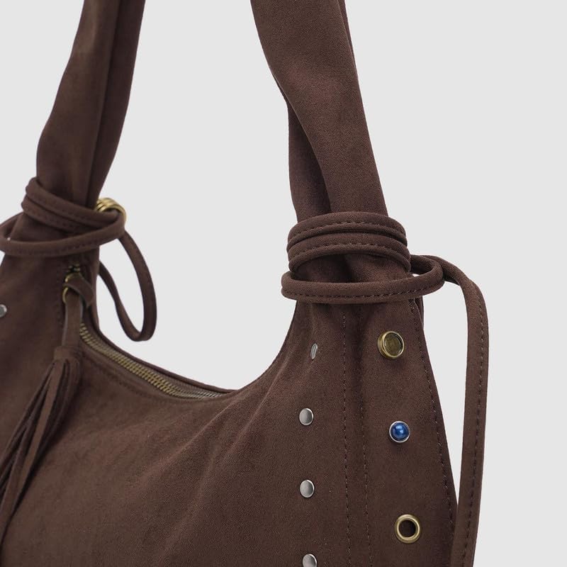 URBAN REVIVO Women's Suede Half-Moon Shoulder Bag – Studded Tassel Crossbody Purse, Boho Vintage Handbag for Music Festivals, Spring Outings - Image 8