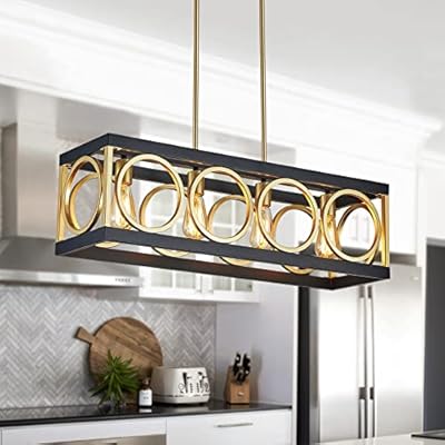XINGQI Kitchen Island Light Fixtures, Farmhouse Dining Room Chandelier Rectangular Linear Chandeliers Pendant Ceiling Light Fixture for Bar Office Coffee Shop 4-Light