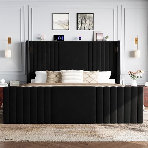 55" Tall Queen Size Platform Bed Frame with 2 Reading Lights, Black