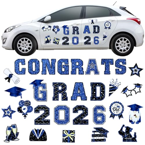 Image of Landhoow 30 Pcs Graduation Car Magnets 2026 Senior Graduation Car Decoration Bumper Sticker Congrats Grad Magnet Magnetic Refrigerator Decal for Grad Parade Party Supplies(Blue, Black)