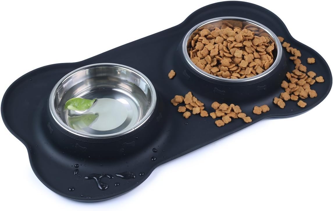 Deluxe Stainless Steel Dog Bowls with Non-Spill Silicone Mat – 24oz & 48oz Set for Dogs & Cats