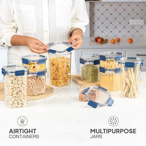 Image of CELLO Stacklock Square Pet Storage Jar for Kitchen Set of 2 Pieces, 450 ml Blue | Freezer & Fridge Safe, Airtight Stackable Pet Kitchen Storage Box Jar Container Set for Beans, Whole Grains, Spices