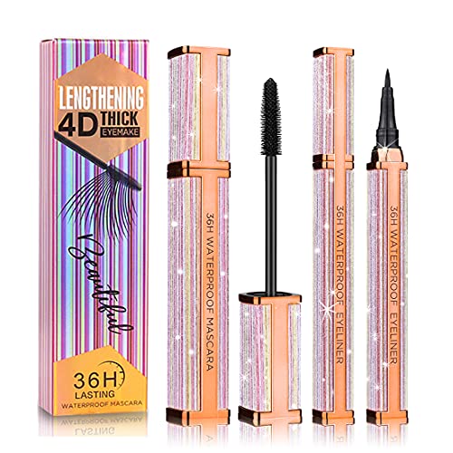 4D Silk Fiber Eyelash Mascara with Liquid Eyeliner, Liquid Extension and Waterpoof Eyeliner, Long-lasting, Lengthening, Thickening, Smudge-proof, Natural Formula, Best Volumirous Eyelash Makeup