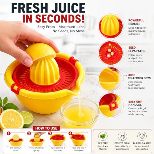 Image of Premium Manual Citrus Juicer with Strainer | Lemon Squeezer & Orange Juicer | Hand Press Juicer with Seed Separator & Juice Collector Bowl | Easy to Use Kitchen Tool (Orange)