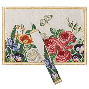 PRAKARTIK BY INDUARTS 100% Cotton Rose Flower & Leaves Rectangular Dining Table mat. Red & Yellow Set of 6