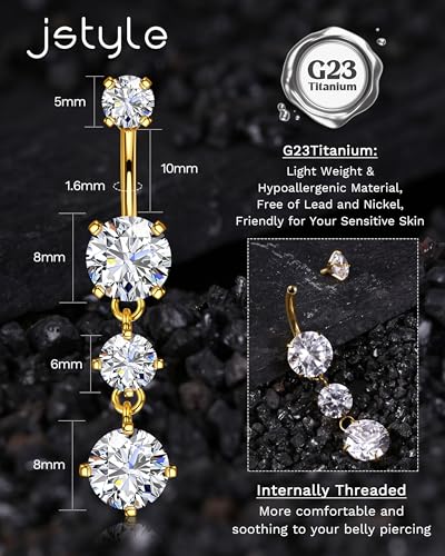 Jstyle G23 Titanium Dangle Belly Button Rings for Women 14G Internally Threaded Belly Ring Dangling Piercing Jewelry with Heart Butterfly CZ Hypoallergenic Navel Piercing Ring 14K Gold/Silver3