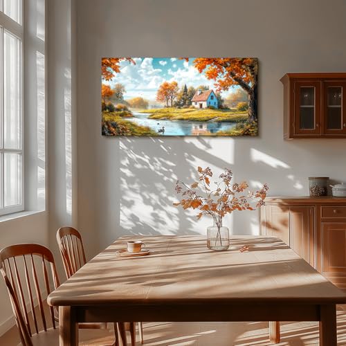 SERIMINO Nature Landscape Wall Art, Lakeside Farmhouse Canvas Large Artwork, Autumn Forest Cottage Scenic Wall Prints, Rustic Pictures Wall Decor Living Room Bedroom Bathroom Kitchen 24"X48"