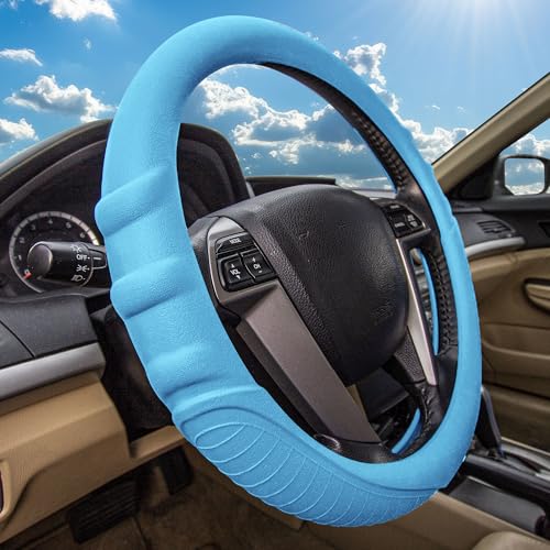 Image of FH Group Universal Fit Silicone with Grip and Pattern Massaging Grip Steering Wheel Cover fits most Cars, SUVs, Trucks, and Vans Light Blue