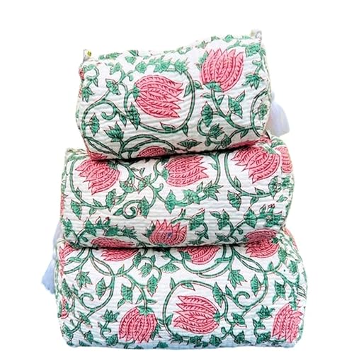 Set of 3 Pieces Block Print Designer Toiletry Bag & Makeup Case - Boho Floral Quilted Pouch for Cosmetics, Skincare - Waterproof Lined Organizer for Diaper Bag, Purse, Travel, Gift, Pencils