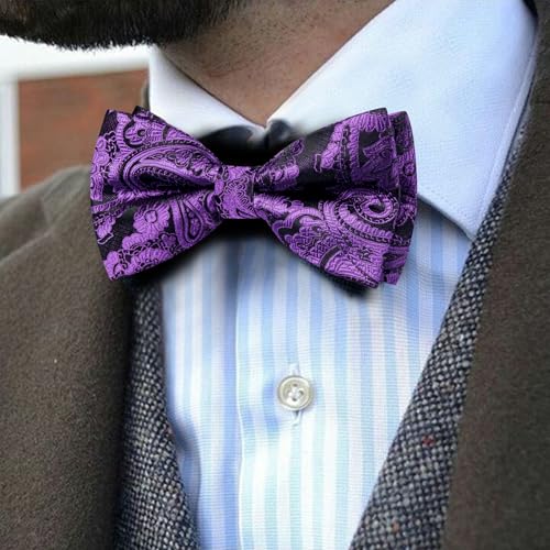 Image of YOHOWA Mens Bow Tie Set Paisley Pre-tied Bowties Adjustable with Handkerchief Cufflinks Gold Ring Set Wedding Prom Party