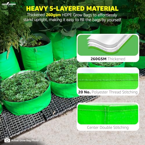 Image of Anandi Green's Premium HDPE Uv Protected 260 GSM Round Shaped Green Colour Plants Grow Bags Suitable for Terrace and Vegetable Gardening 15x6 Inch Pack of 4 Plant Bag