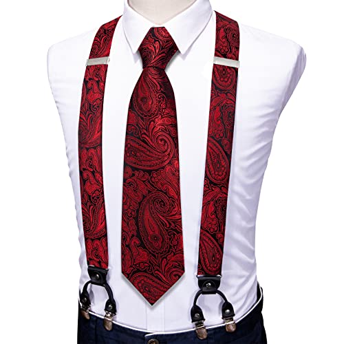 Image of Barry.Wang Men Suspender Set with Necktie Elastic Y Type Heavy Duty 6 Clips Braces Tie Handkerchief Cufflink Pin 6PCS