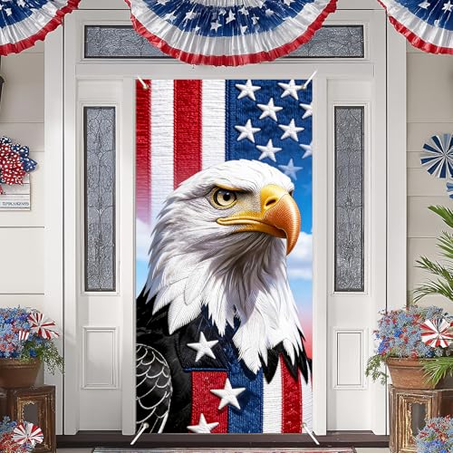 Image of BissYard Patriotic Eagle Door Cover 71 x 35 Inches American Flag Bald Eagle Door Banner USA Independence Front Door Decoration Indoor Outdoor Porch Veterans Memorial Decor