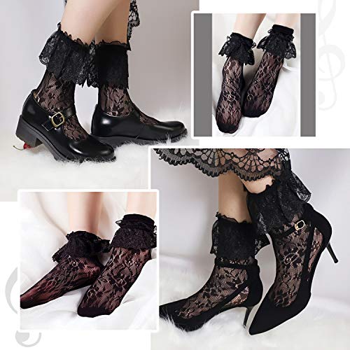 Lovful Women's Lace Anklet Sock With Ruffle, 2 Pairs Set,Black #TOP4