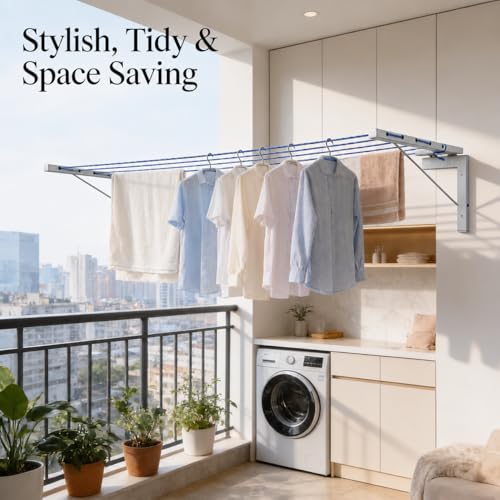 Image of Heavy Duty 5 Layer Wall Mount Cloth Drying Stand for Balcony with 50 Feet Rope | Foldable Clothes Drying Stand | Wall Mounted Cloth Drying Stand (L Type)