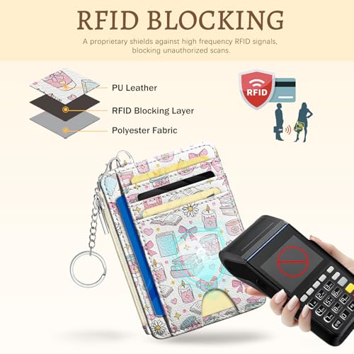 Image of Kelvoris Cute Book Coffee Bow Credit Card Holder Small Wallet Women, Slim RFID Blocking Wallet Woman Keychain with Zipper Coin Pocket, Front Pocket Thin Travel Card Case with ID Window Ladies Gifts