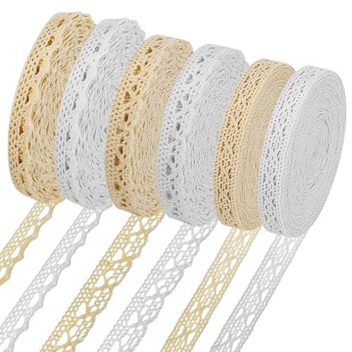 6 Rollos Encaje de Ganchillo Decorativo, Adornos de Encaje para Bricolaje, Cinta de Encaje Vintage Encaje de Ganchillo con Cinta de Doble Cara, Puntilla de para Algodón Manualidades Boda Scrapbooking