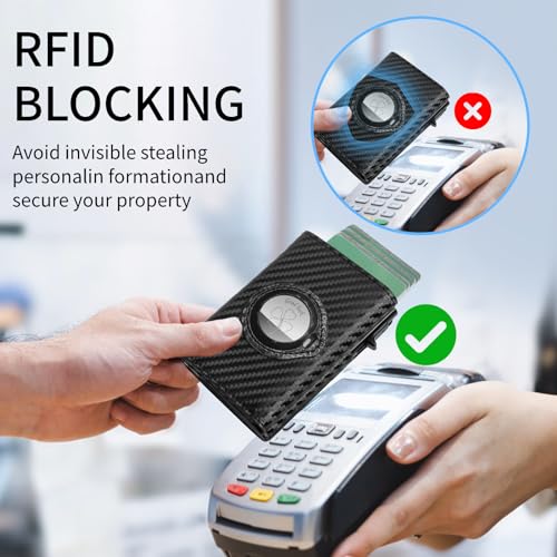 Mens Wallet Card Holder + wallet tracker,Large Capacity Genuine Leather Bifold Wallet,Credit Card Holder, Pop Up,Carbon Fiber,Item Tracker for Wallet, Luggage Tags, Phone, Passports and More3