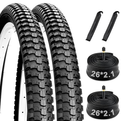 Dioty 2-PCS 26 inch Mountain Bike Tires Set 26x2.10 56-559 Folding Beach Cruiser Bike Replacement Tires and Bike Tubes Schrader Valve Compatible with Levers Puncture-Resistant Off Road Bike Tires