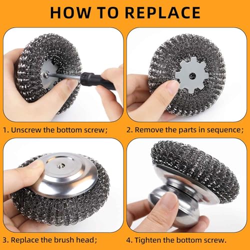 Image of 2 Pack Stainless Steel Wool Scrubber with Handle & 2 Pack Replacement Steel Scrubber Wool Pads for Cleaning Iron Pots Dishes Pans Metal Scrubbers for Kitchen Wash Sink Stoves Grills Pot Brush (Silver)