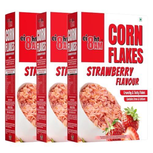 Image of 8:00 AM Corn Flakes Strawberry 300 Gram (Pack Of 3), Golden Corns & Strawberry, No Cholesterol, Trans Fat, Artificial Additives, Iron & Calcium, Crunchy & Nutritious Breakfast Cereal