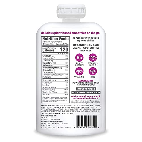 Noka Superfood Fruit Smoothie Pouches, Super Berry With Immune Support, Healthy Snacks With Flax Seed, Elderberry And Plant Protein, Vegan And Gluten Free, Organic Squeeze Pouch, 4.22 Oz, 12 Count #TOP1
