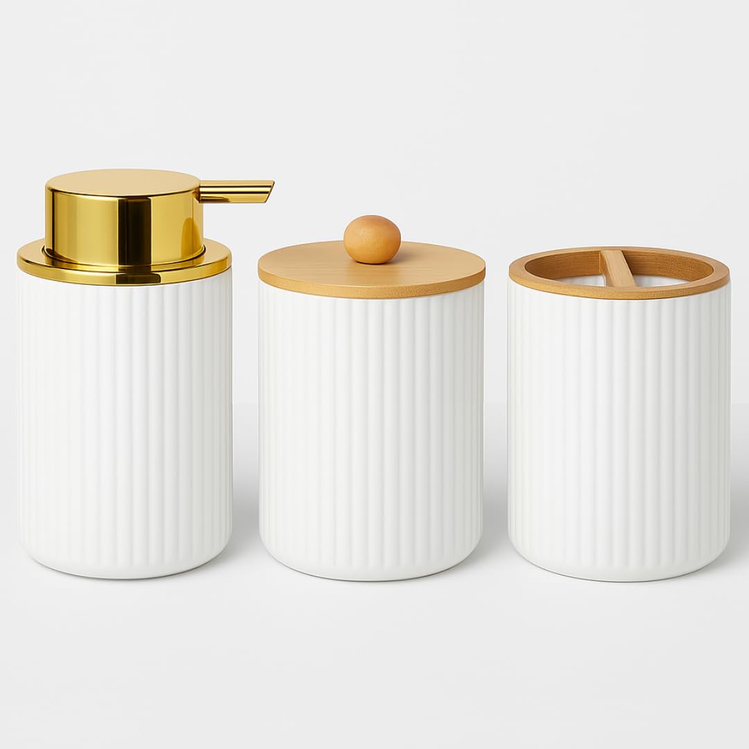 Juego de Accesorios de Baño de 3 Piezas con un dispensador de jabón Blanco, un Vaso para Cepillo y un Vaso para hisopos, Accesorios para baño, jabón líquido y Gel Recargable